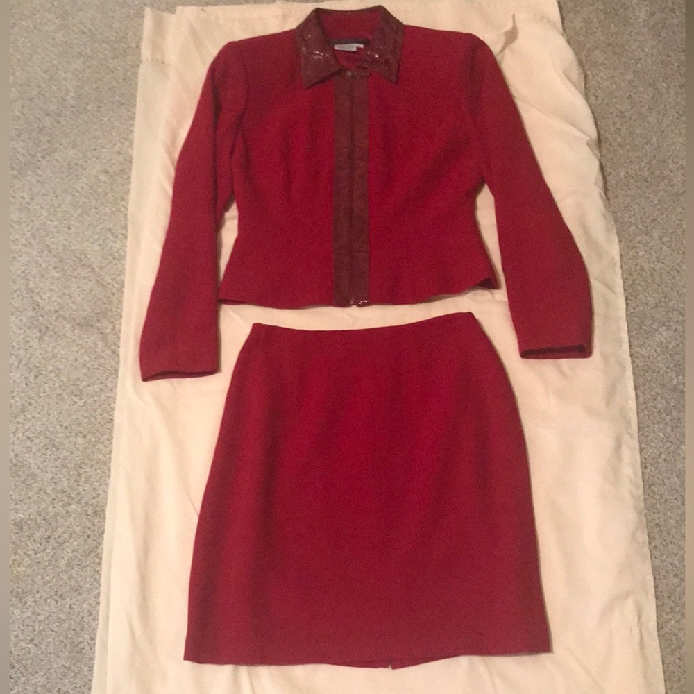 Donna Morgan red two-piece suit with faux leather collar and trim